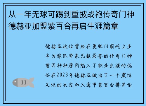 从一年无球可踢到重披战袍传奇门神德赫亚加盟紫百合再启生涯篇章 从一年无球可踢到重披战袍传奇门神德赫亚加盟紫百合再启生涯篇章