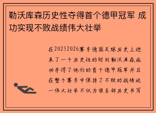 勒沃库森历史性夺得首个德甲冠军 成功实现不败战绩伟大壮举 勒沃库森历史性夺得首个德甲冠军 成功实现不败战绩伟大壮举