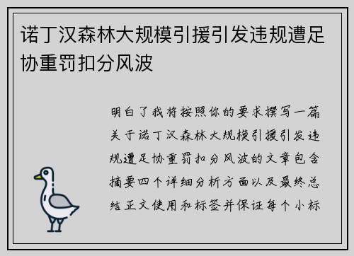 诺丁汉森林大规模引援引发违规遭足协重罚扣分风波 诺丁汉森林大规模引援引发违规遭足协重罚扣分风波