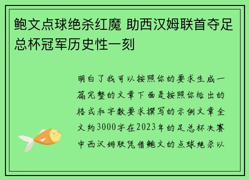 鲍文点球绝杀红魔 助西汉姆联首夺足总杯冠军历史性一刻 鲍文点球绝杀红魔 助西汉姆联首夺足总杯冠军历史性一刻