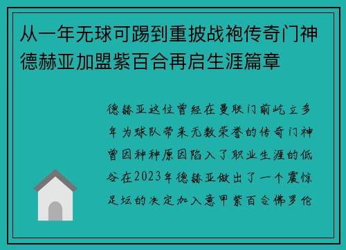 从一年无球可踢到重披战袍传奇门神德赫亚加盟紫百合再启生涯篇章 从一年无球可踢到重披战袍传奇门神德赫亚加盟紫百合再启生涯篇章